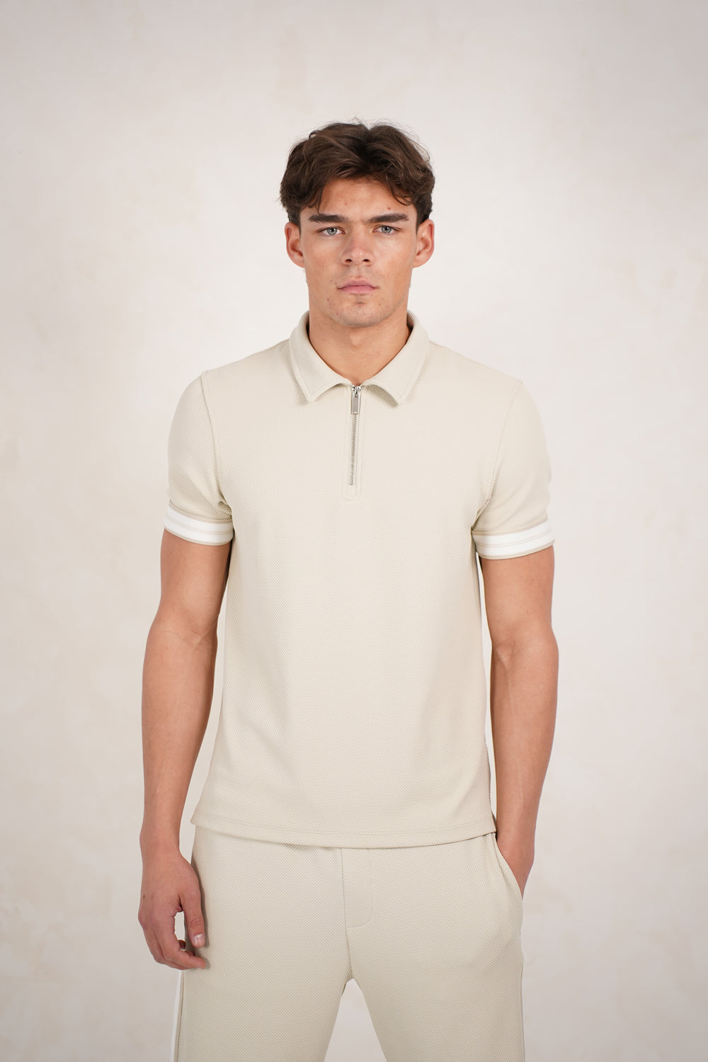 Capo Textured Tape Zip Polo Shirt - Light Beige