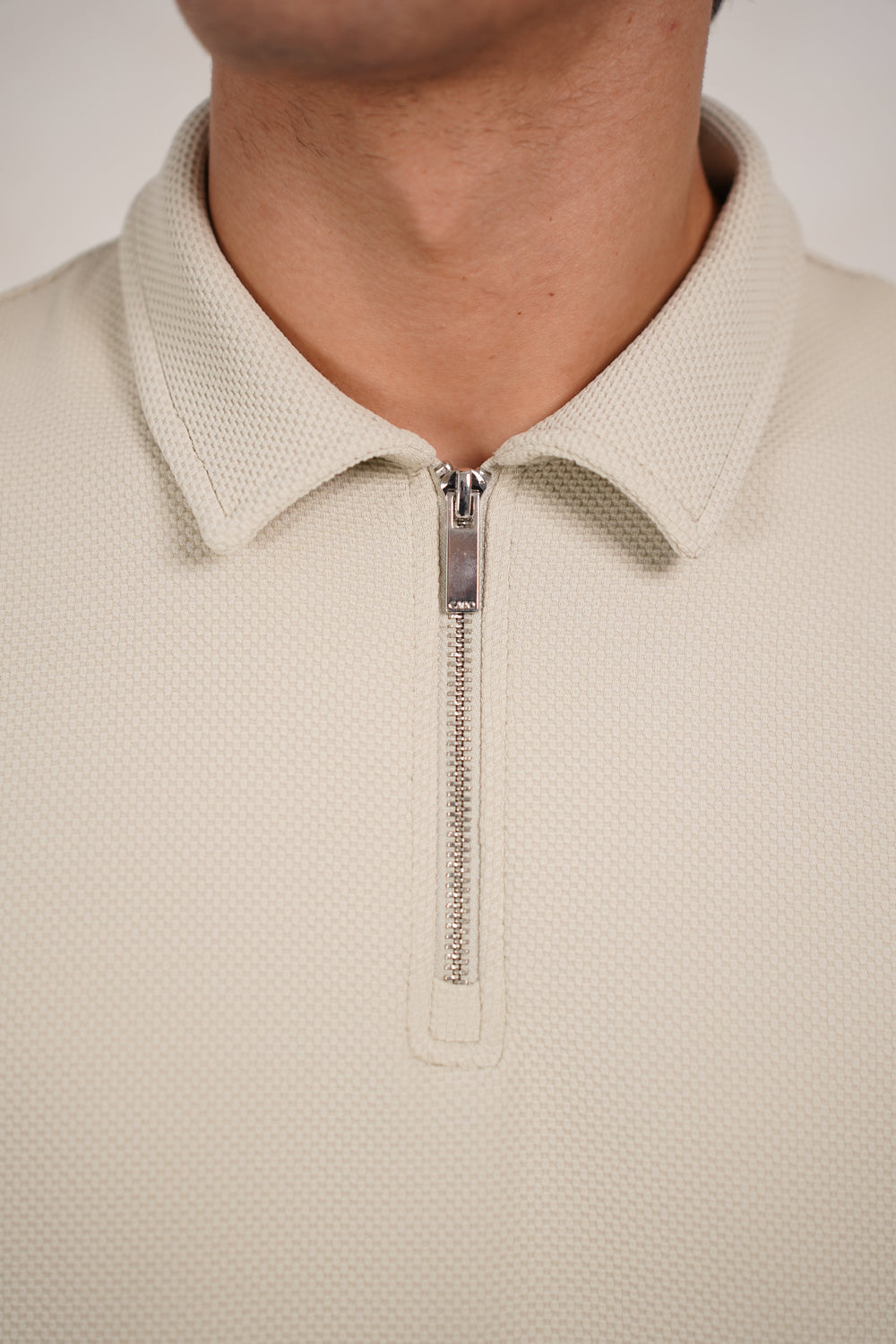 Capo Textured Tape Zip Polo Shirt - Light Beige
