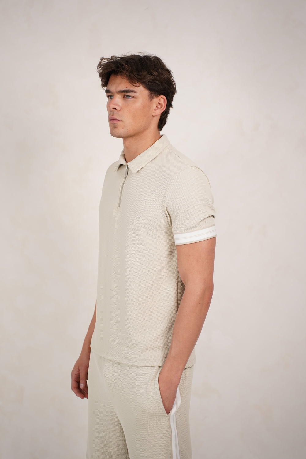 Capo Textured Tape Zip Polo Shirt - Light Beige
