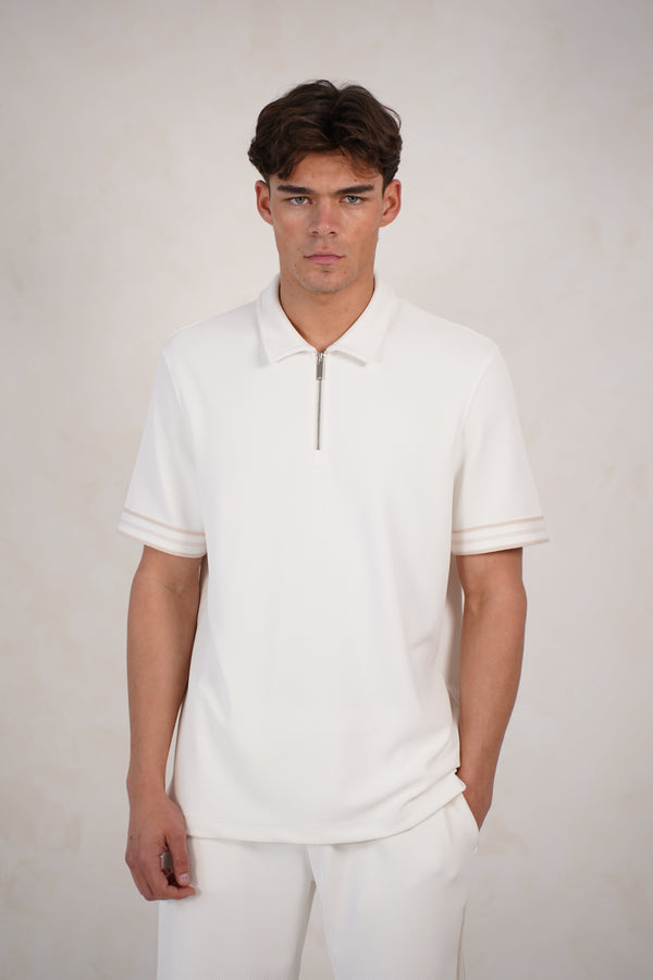 Capo Textured Tape Zip Polo Shirt - Off White