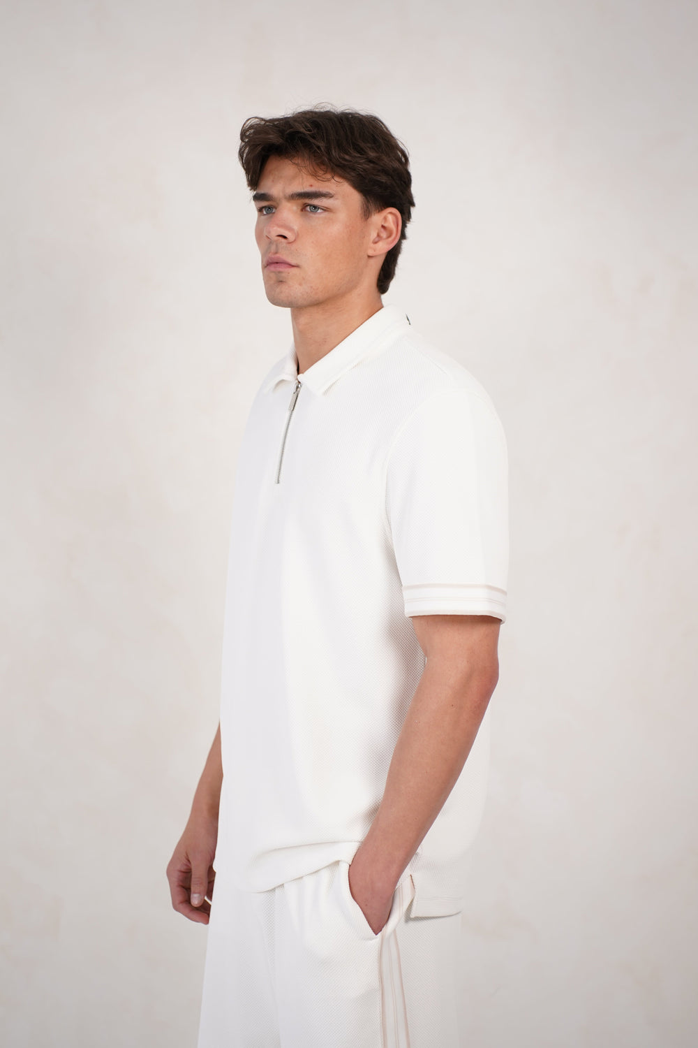 Capo Textured Tape Zip Polo Shirt - Off White