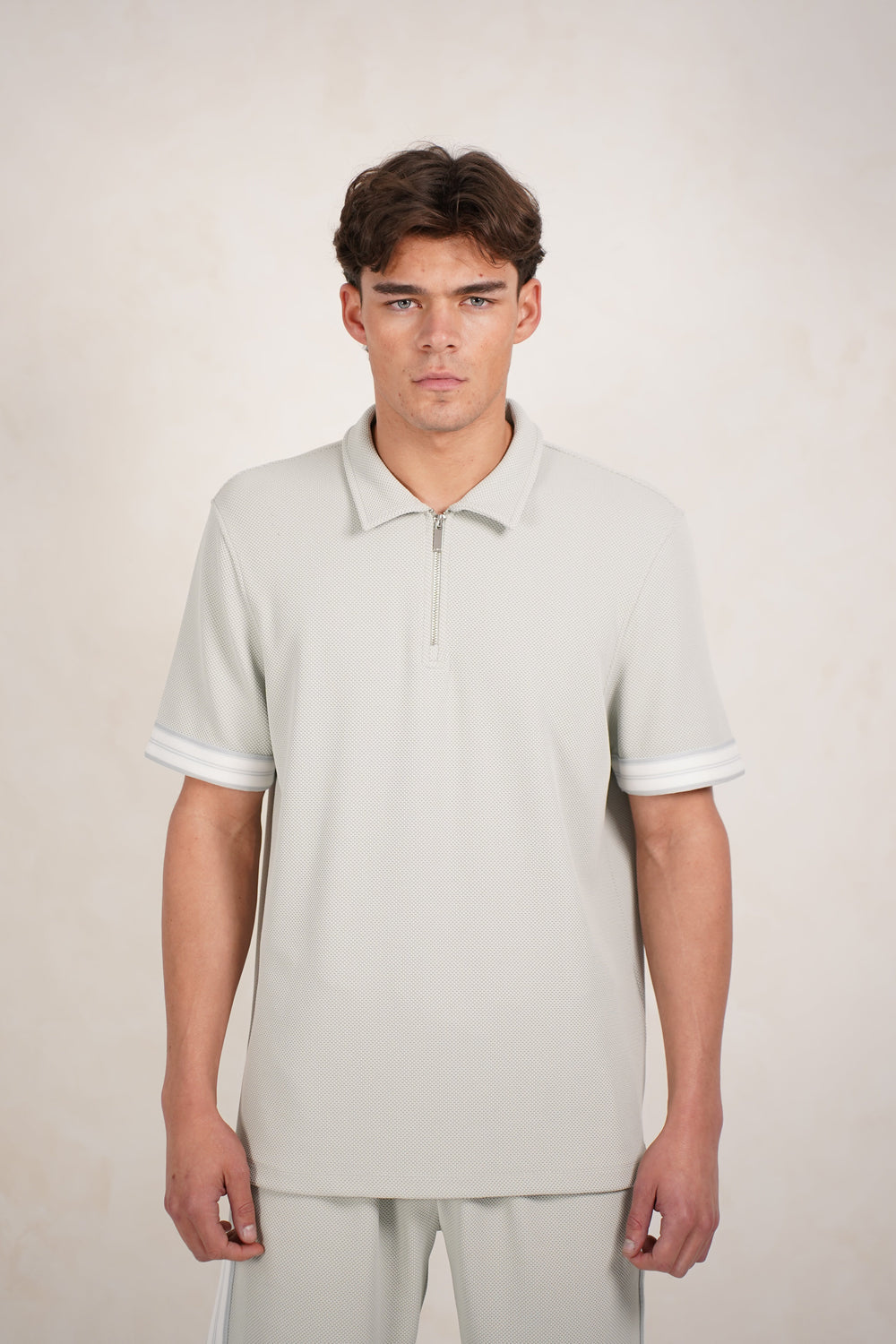 Capo Textured Tape Zip Polo Shirt - Dove Blue