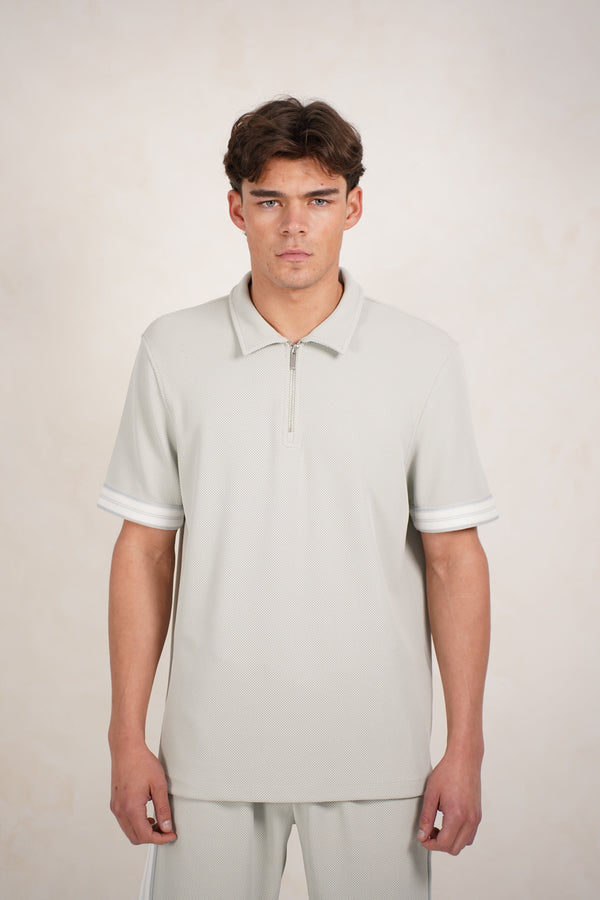 Capo Textured Tape Zip Polo Shirt - Dove Blue