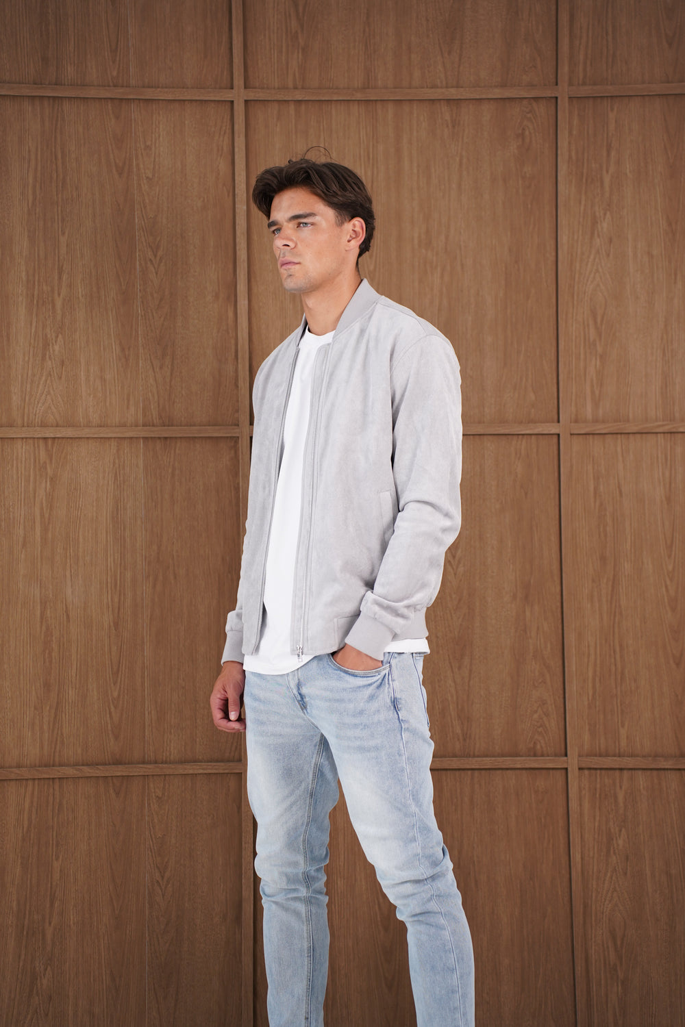 Capo Faux Suede Bomber Jacket - Grey
