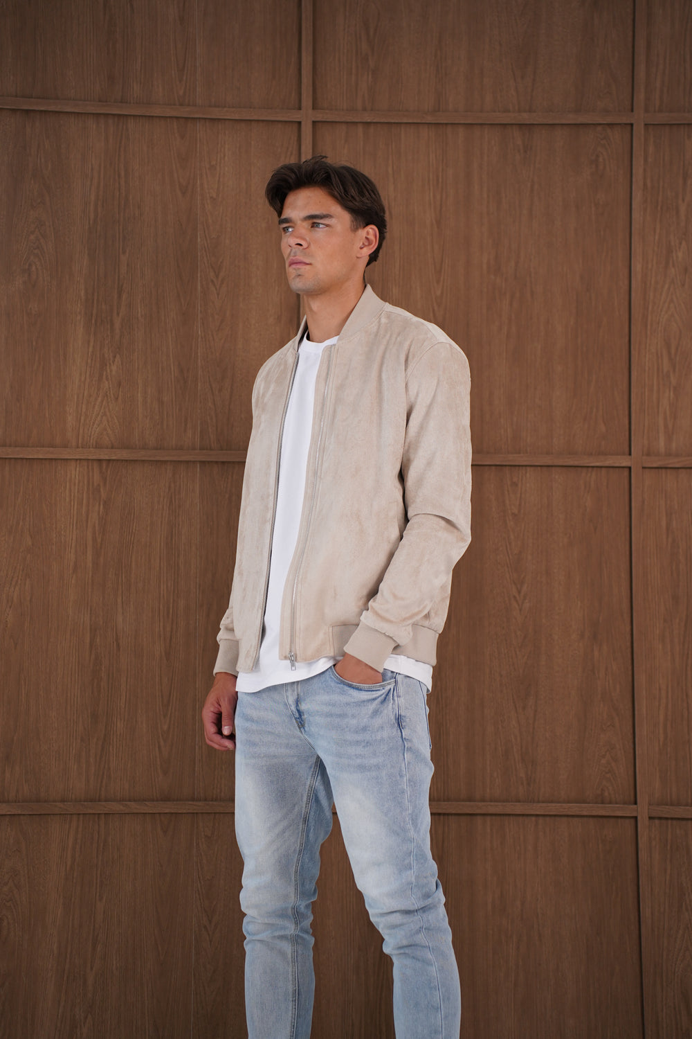 Capo Faux Suede Bomber Jacket - Stone