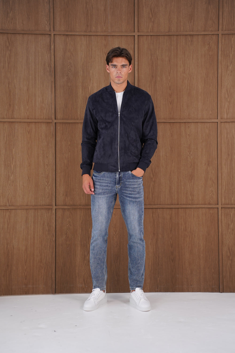Capo Faux Suede Bomber Jacket - Navy