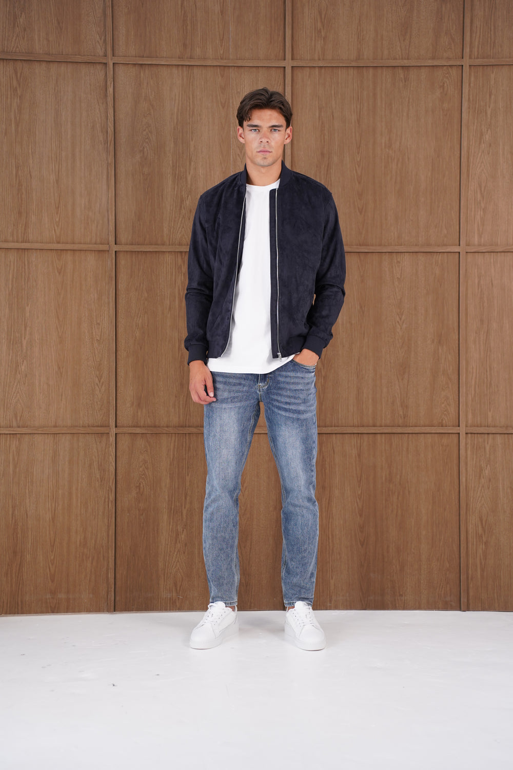 Capo Faux Suede Bomber Jacket - Navy