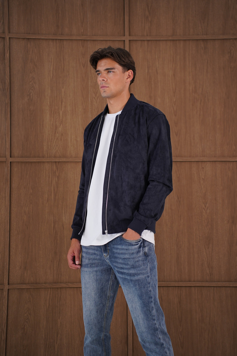 Capo Faux Suede Bomber Jacket - Navy