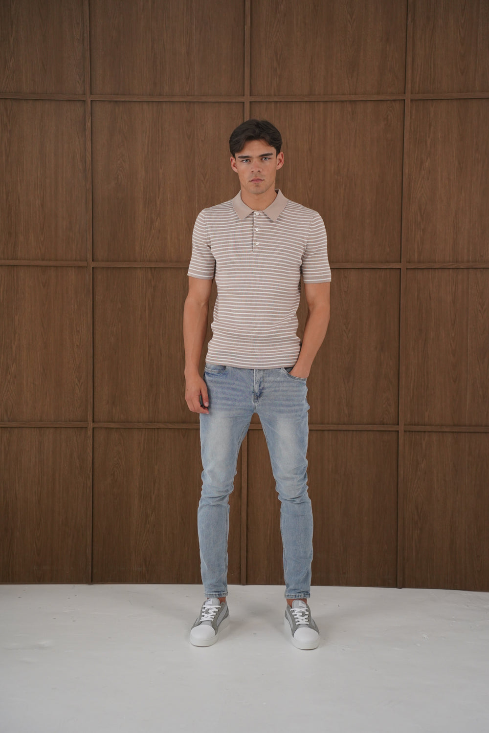 Capo Stripped Button Polo Shirt - Stone