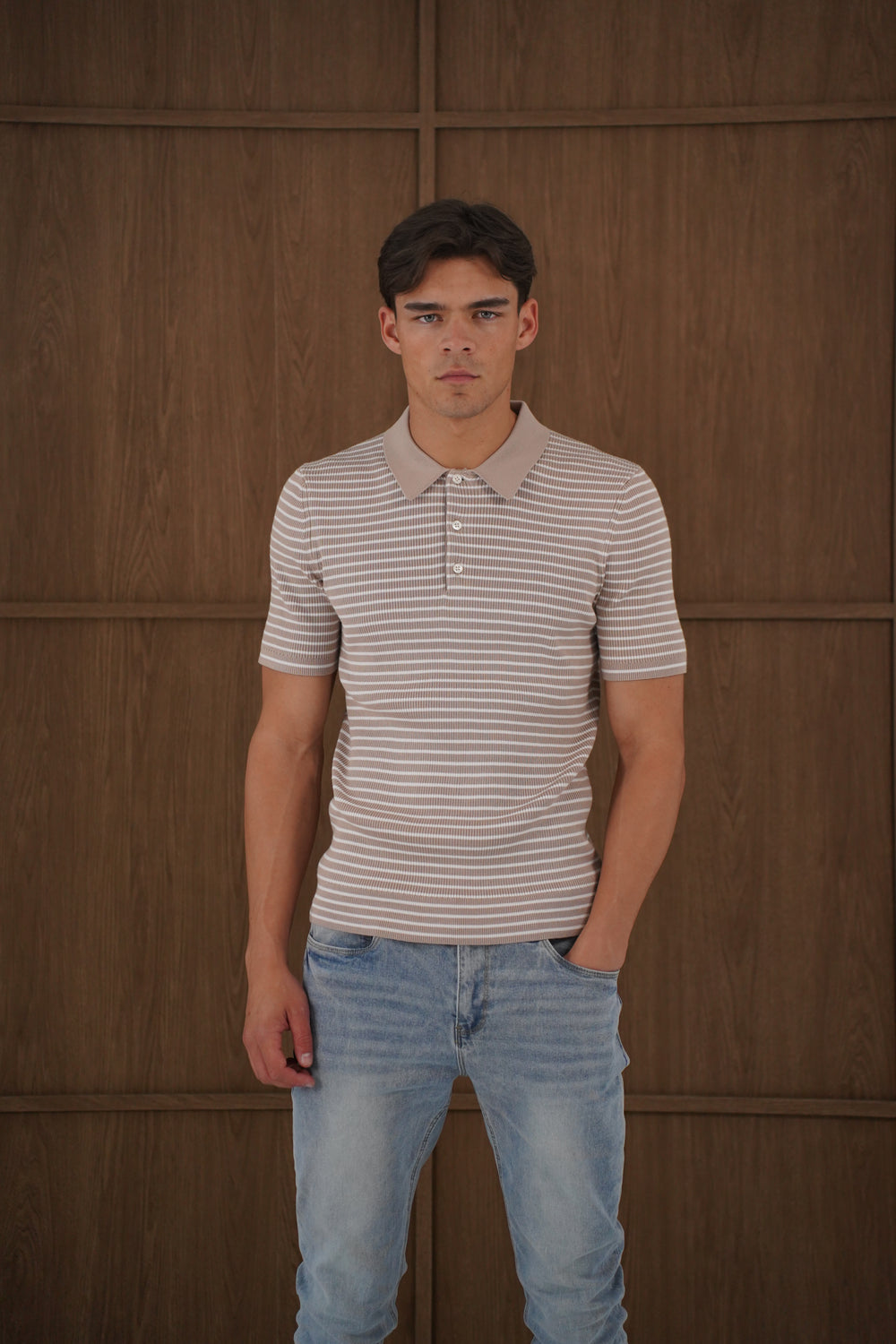 Capo Stripped Button Polo Shirt - Stone