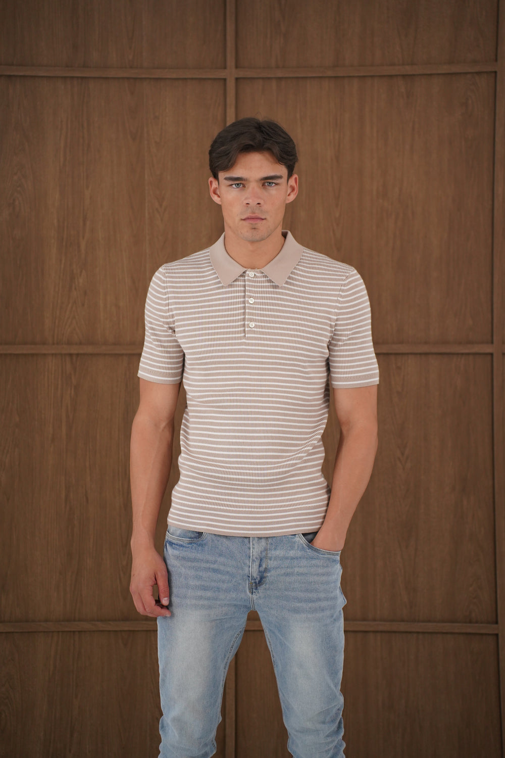 Capo Stripped Button Polo Shirt - Stone