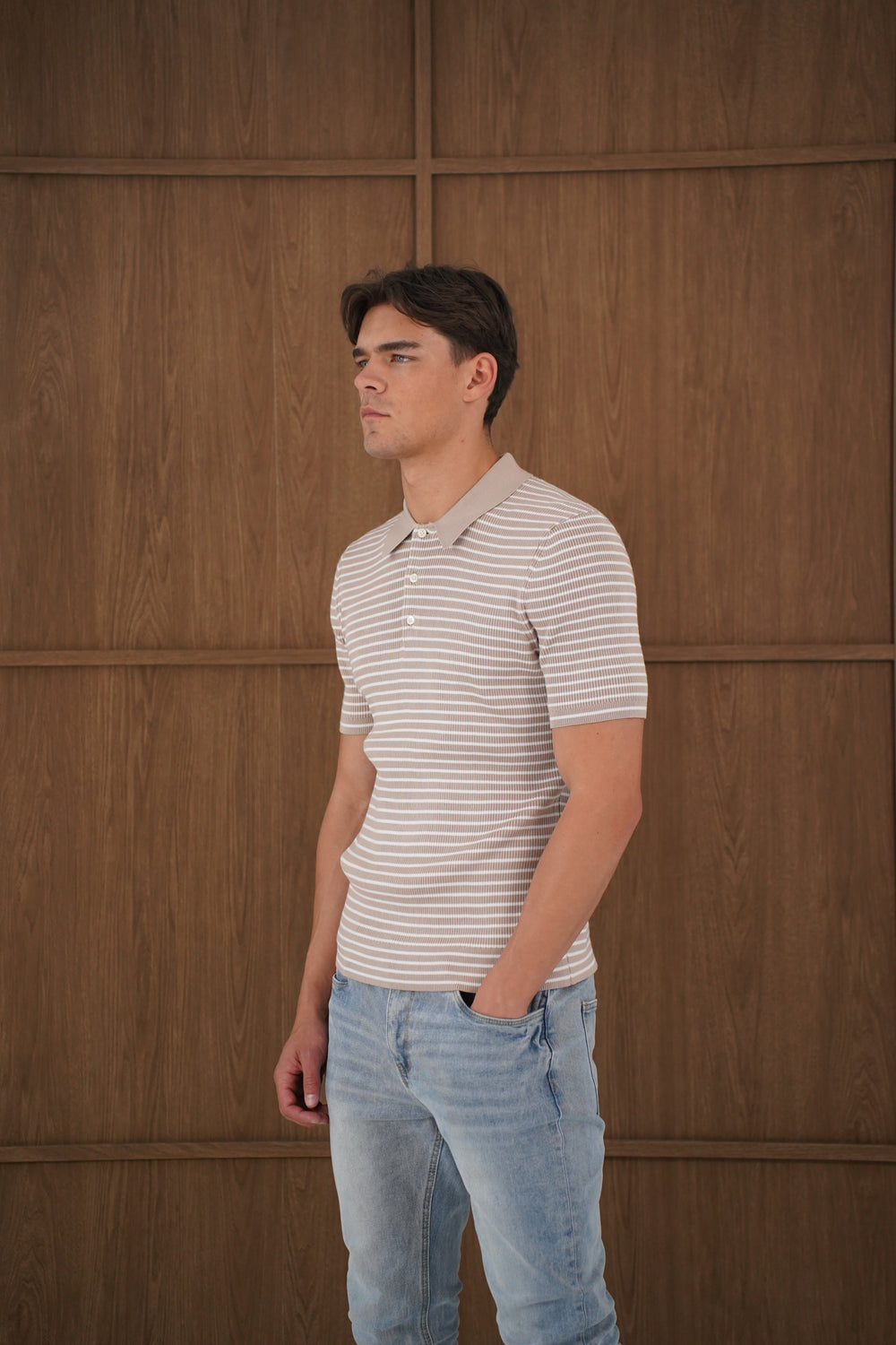 Capo Stripped Button Polo Shirt - Stone