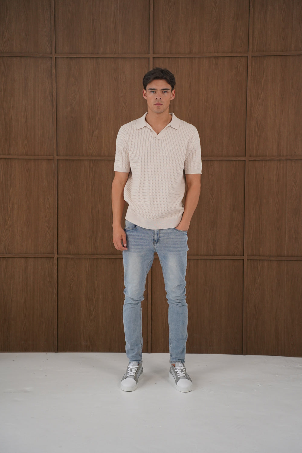 Capo Cable Twist Poloshirt mit offenem Kragen - Stein