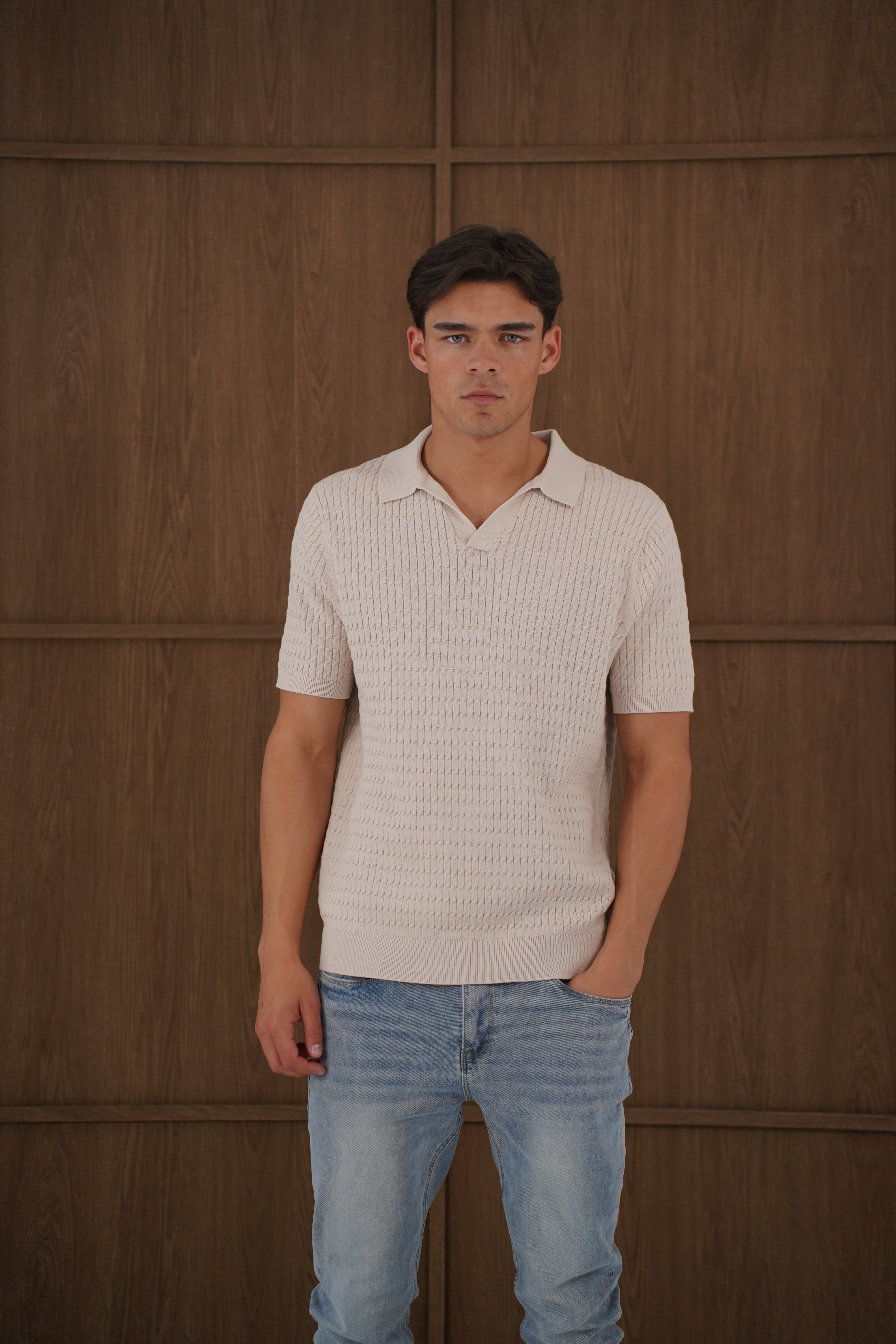 Capo Cable Twist Poloshirt mit offenem Kragen - Stein