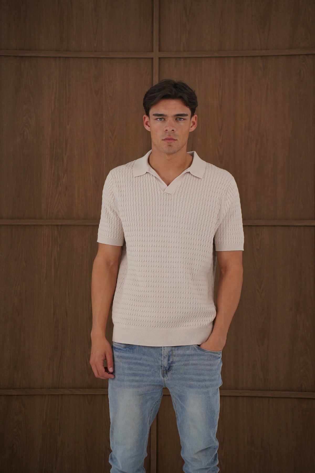 Capo Cable Twist Open Collar Polo Shirt - Stone