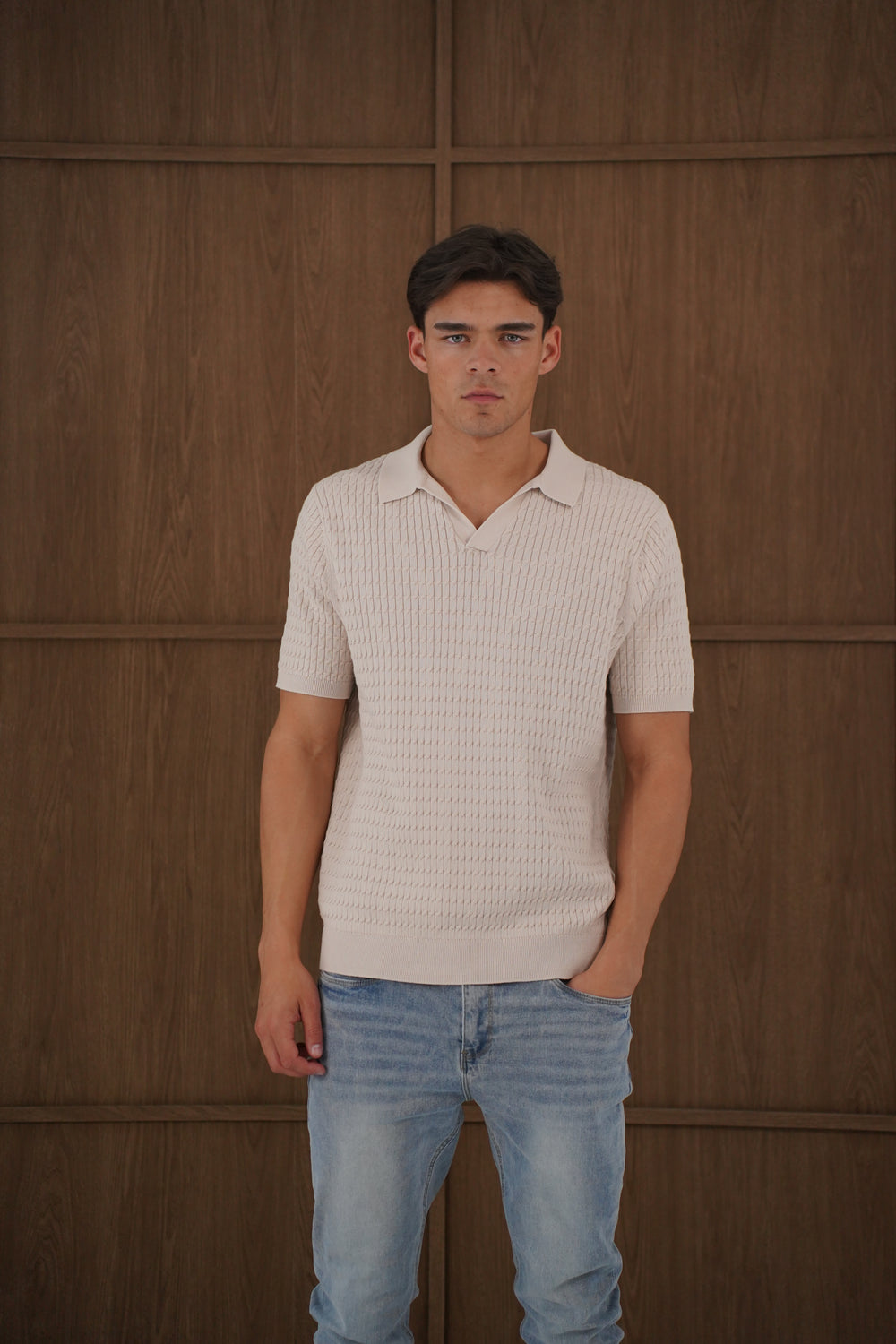 Capo Cable Twist Poloshirt mit offenem Kragen - Stein