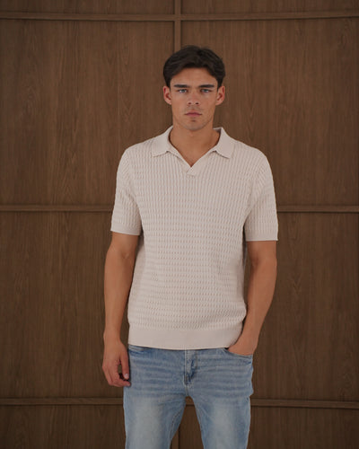 Capo Cable Twist Poloshirt mit offenem Kragen - Stein