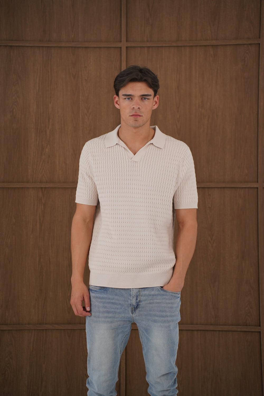 Capo Cable Twist Poloshirt mit offenem Kragen - Stein