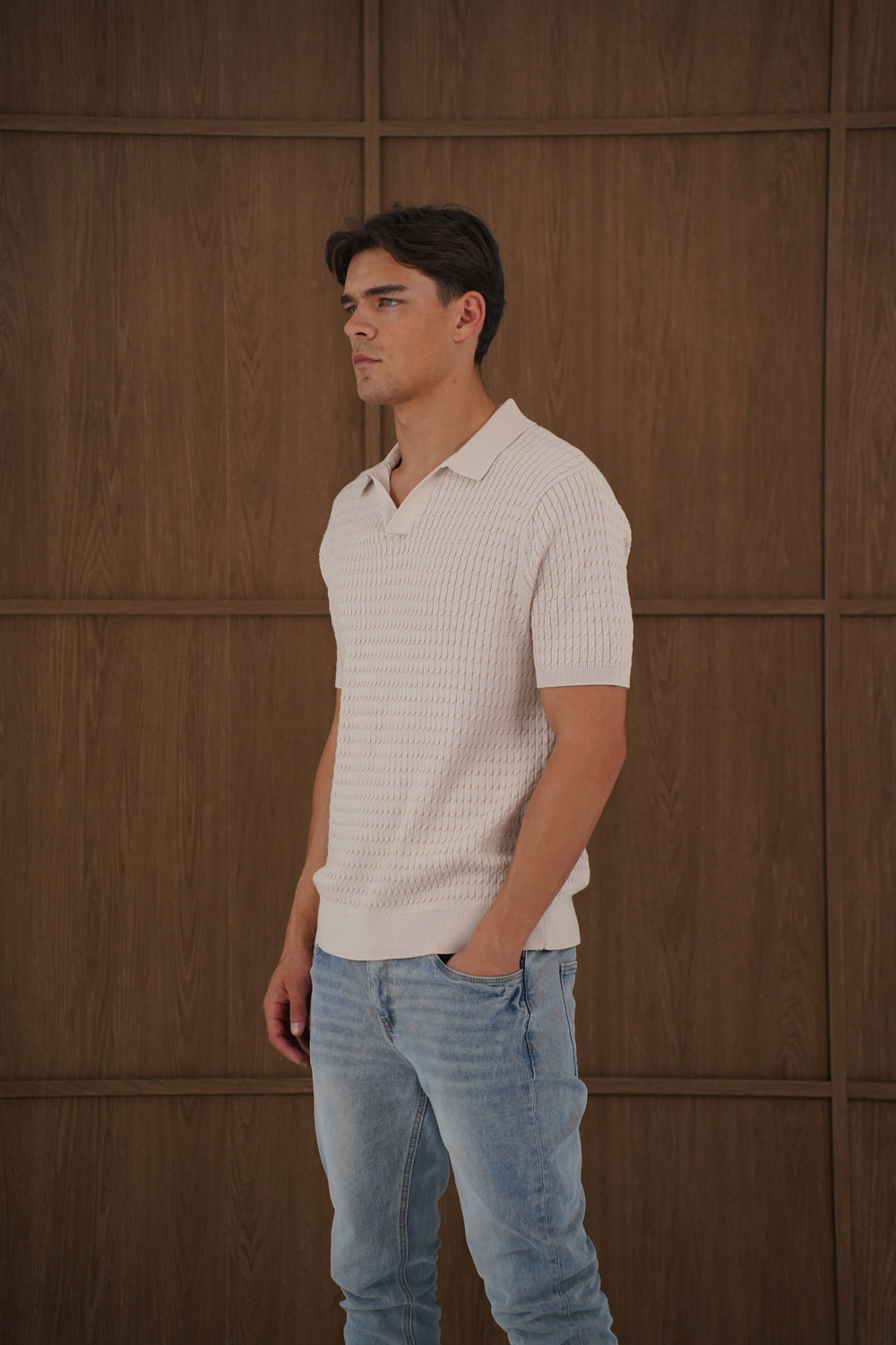 Capo Cable Twist Poloshirt mit offenem Kragen - Stein