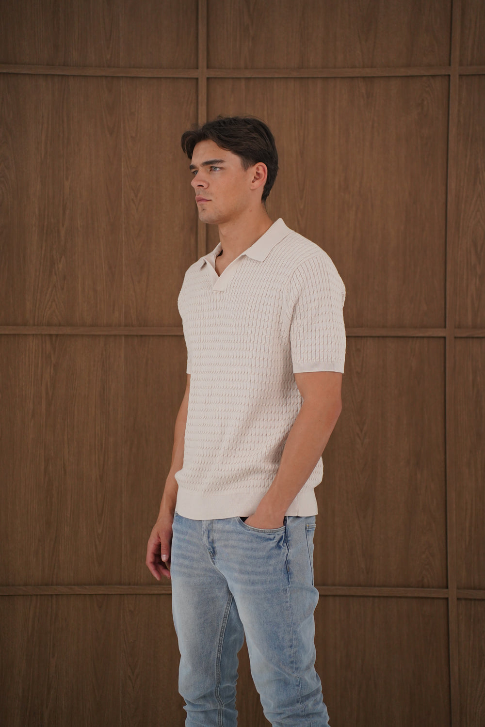 Capo Cable Twist Poloshirt mit offenem Kragen - Stein
