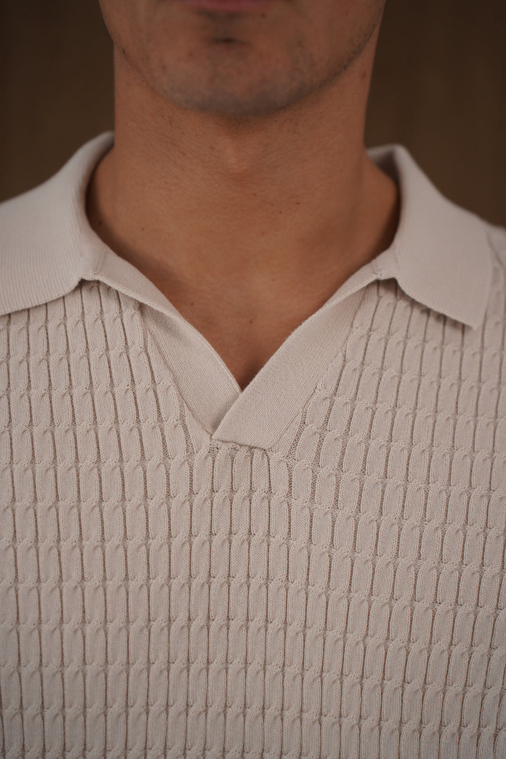 Capo Cable Twist Poloshirt mit offenem Kragen - Stein