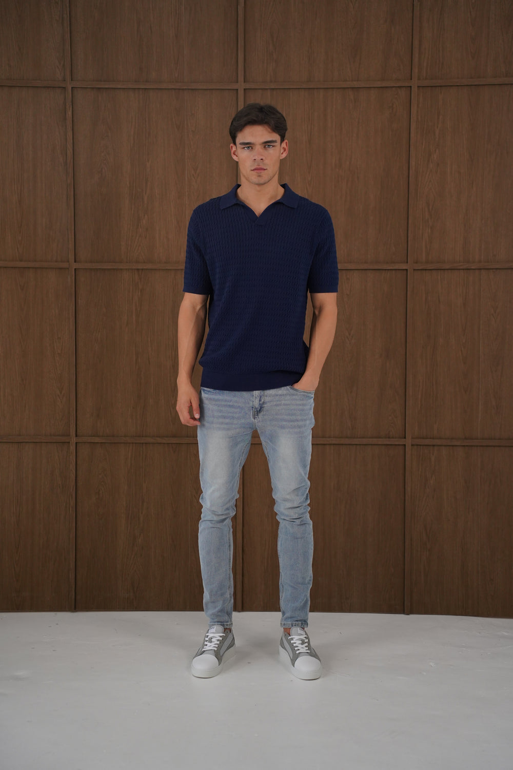 Capo Cable Twist Poloshirt mit offenem Kragen – Marineblau