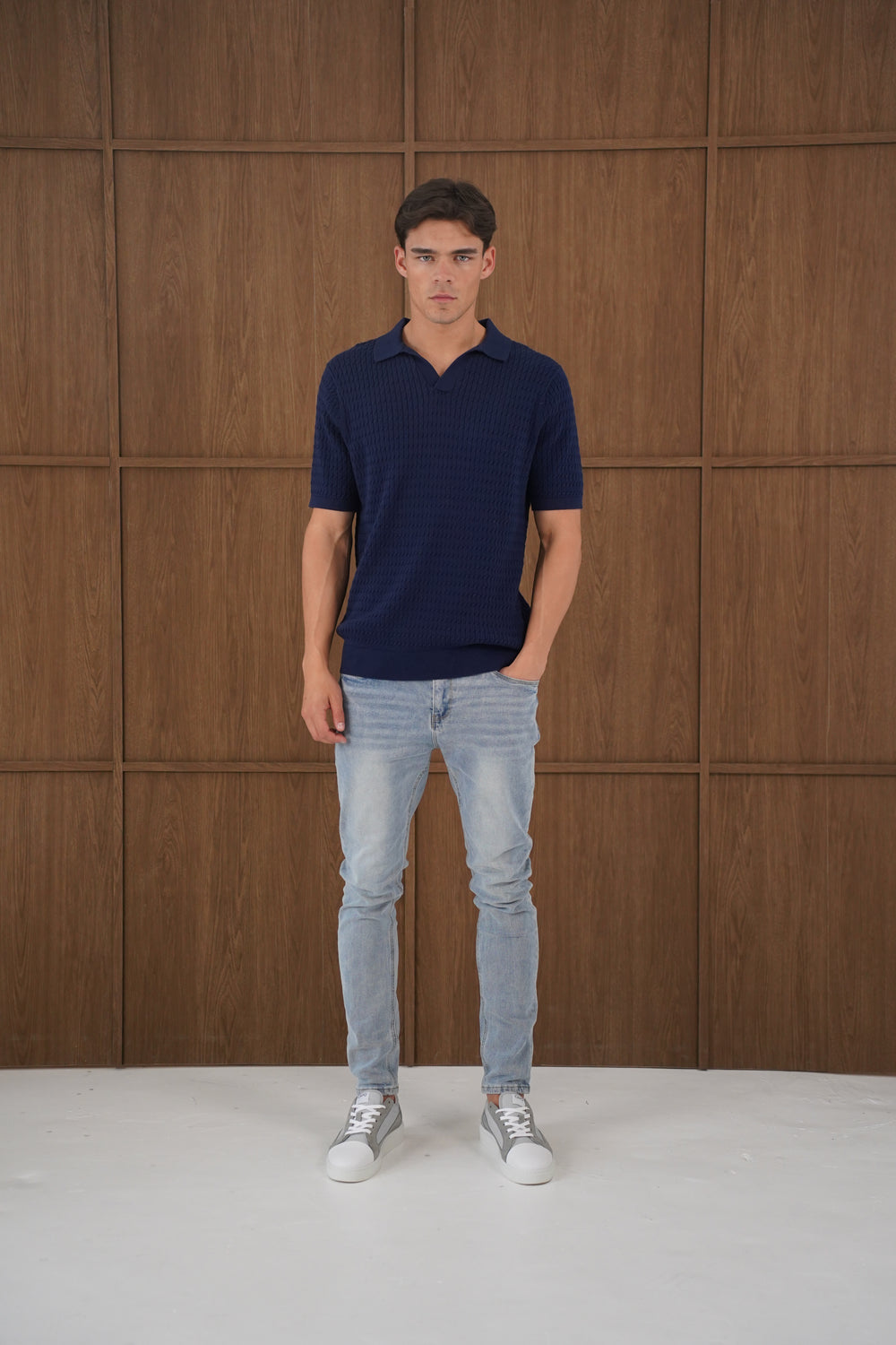 Capo Cable Twist Poloshirt mit offenem Kragen – Marineblau