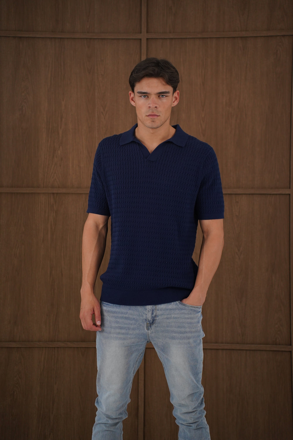 Capo Cable Twist Poloshirt mit offenem Kragen – Marineblau