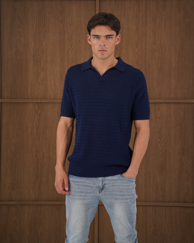 Capo Cable Twist Poloshirt mit offenem Kragen – Marineblau