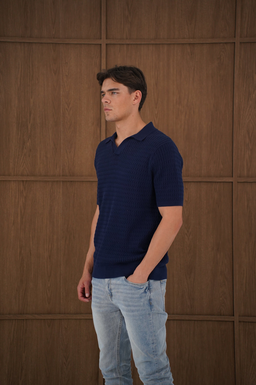 Capo Cable Twist Poloshirt mit offenem Kragen – Marineblau