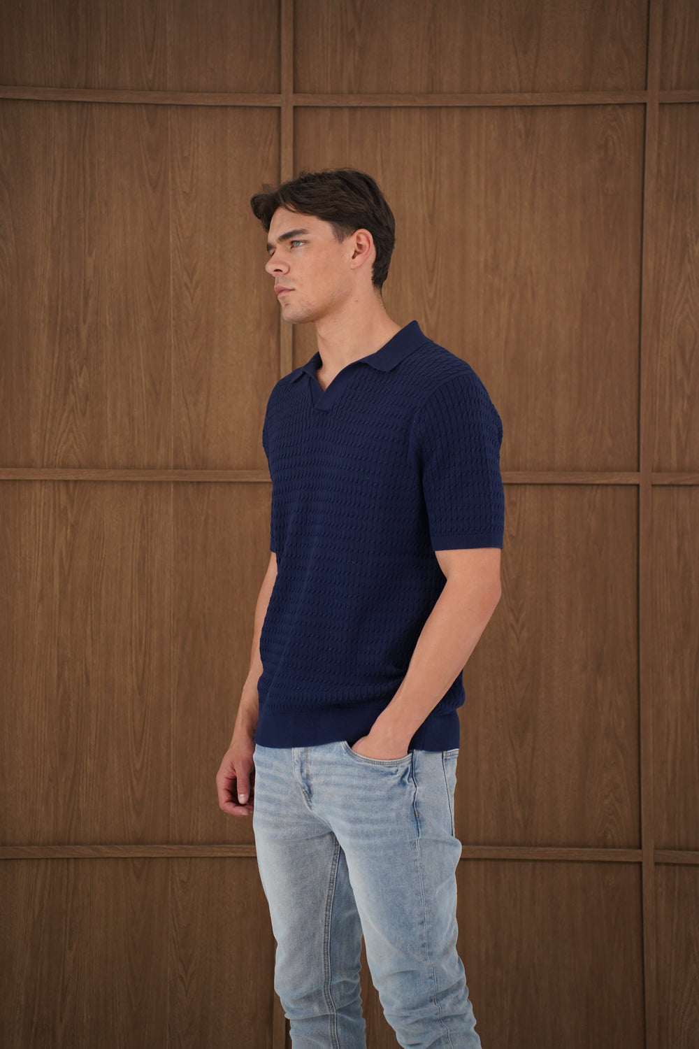 Capo Cable Twist Poloshirt mit offenem Kragen – Marineblau