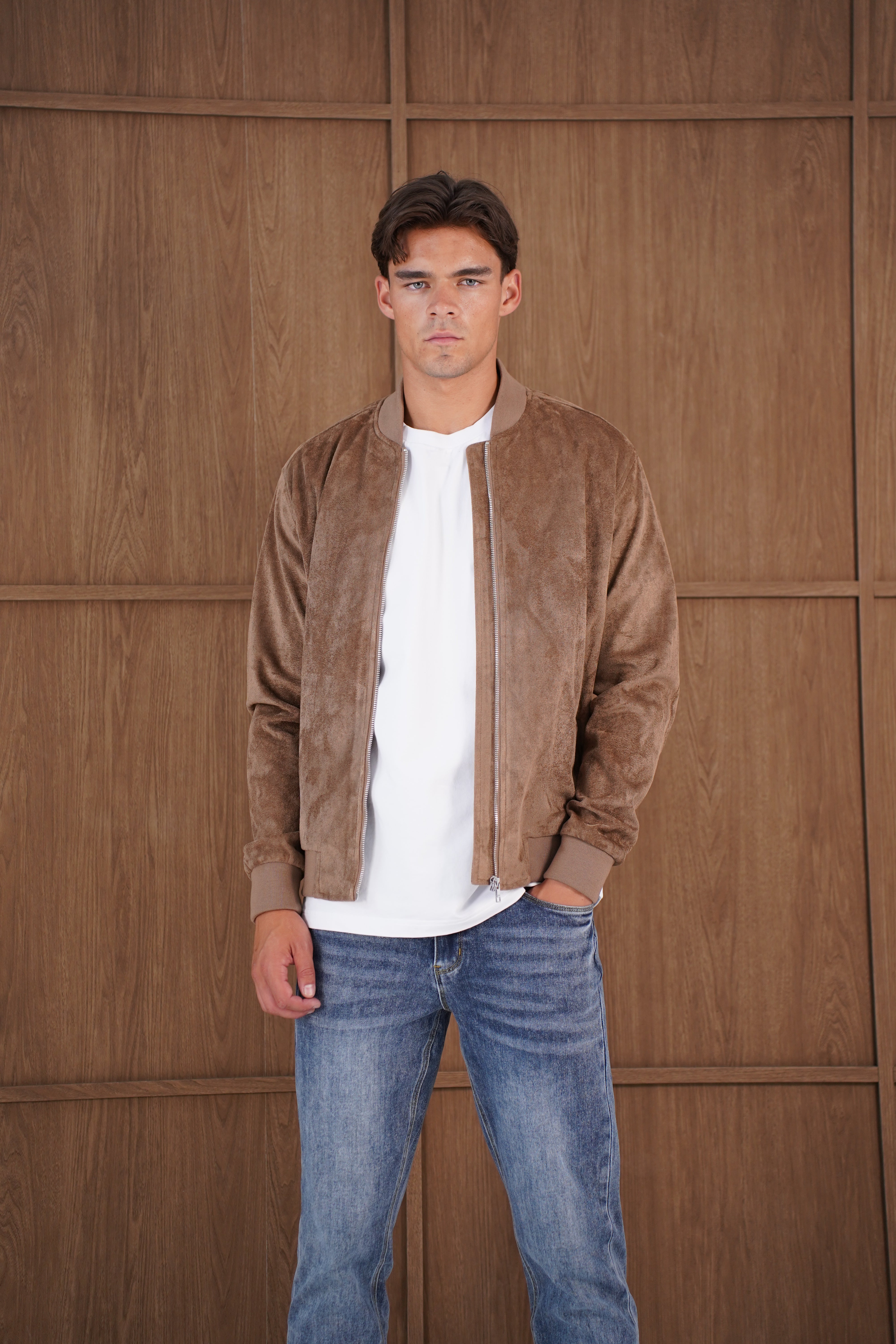 Capo Faux Suede Bomber Jacket - Brown
