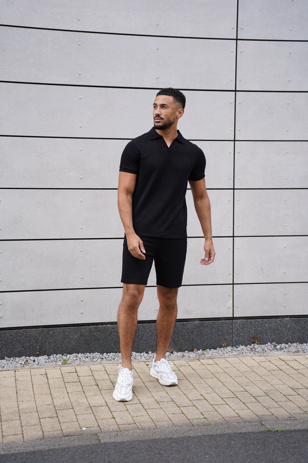 Capo Jersey Slub Cuban Polo Shirt - Black