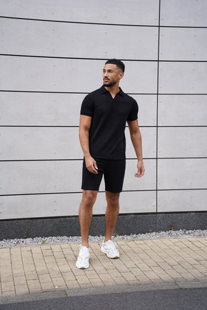 Capo Jersey Slub Cuban Polo Shirt - Black