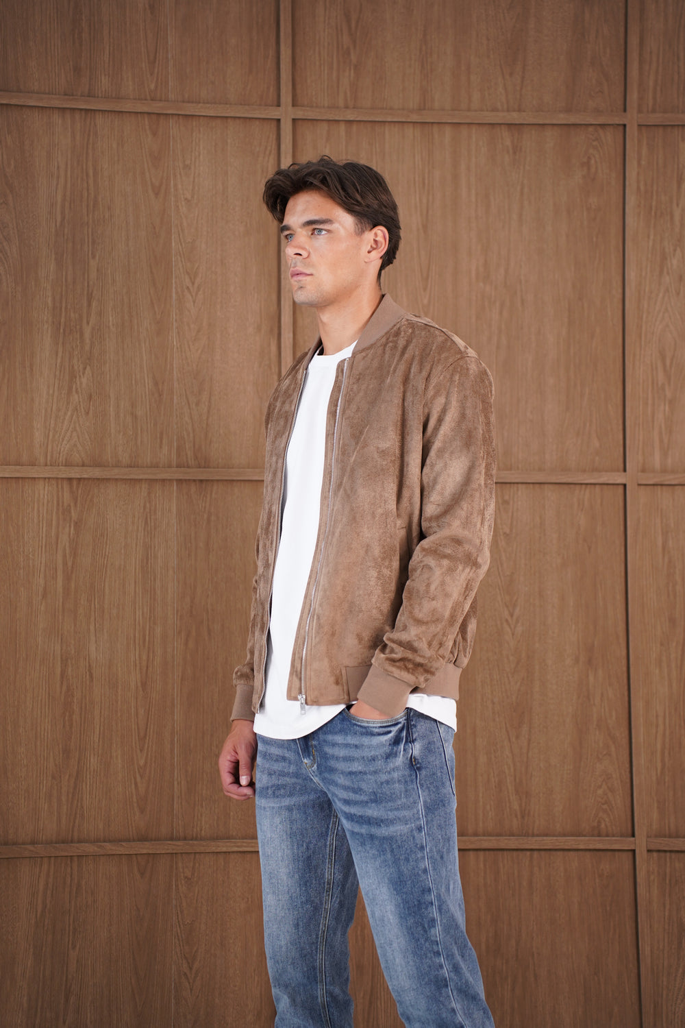 Capo Faux Suede Bomber Jacket - Brown