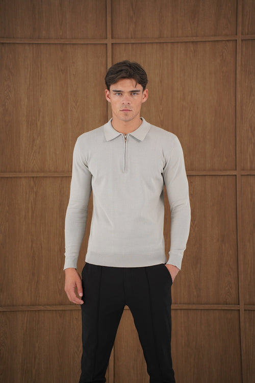 Capo Egyptian Cotton LS Zip Polo Shirt - Stone