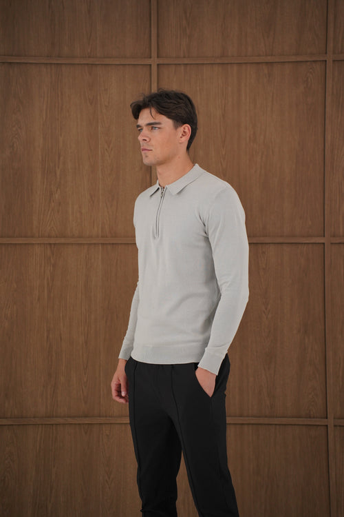 Capo Egyptian Cotton LS Zip Polo Shirt - Stone