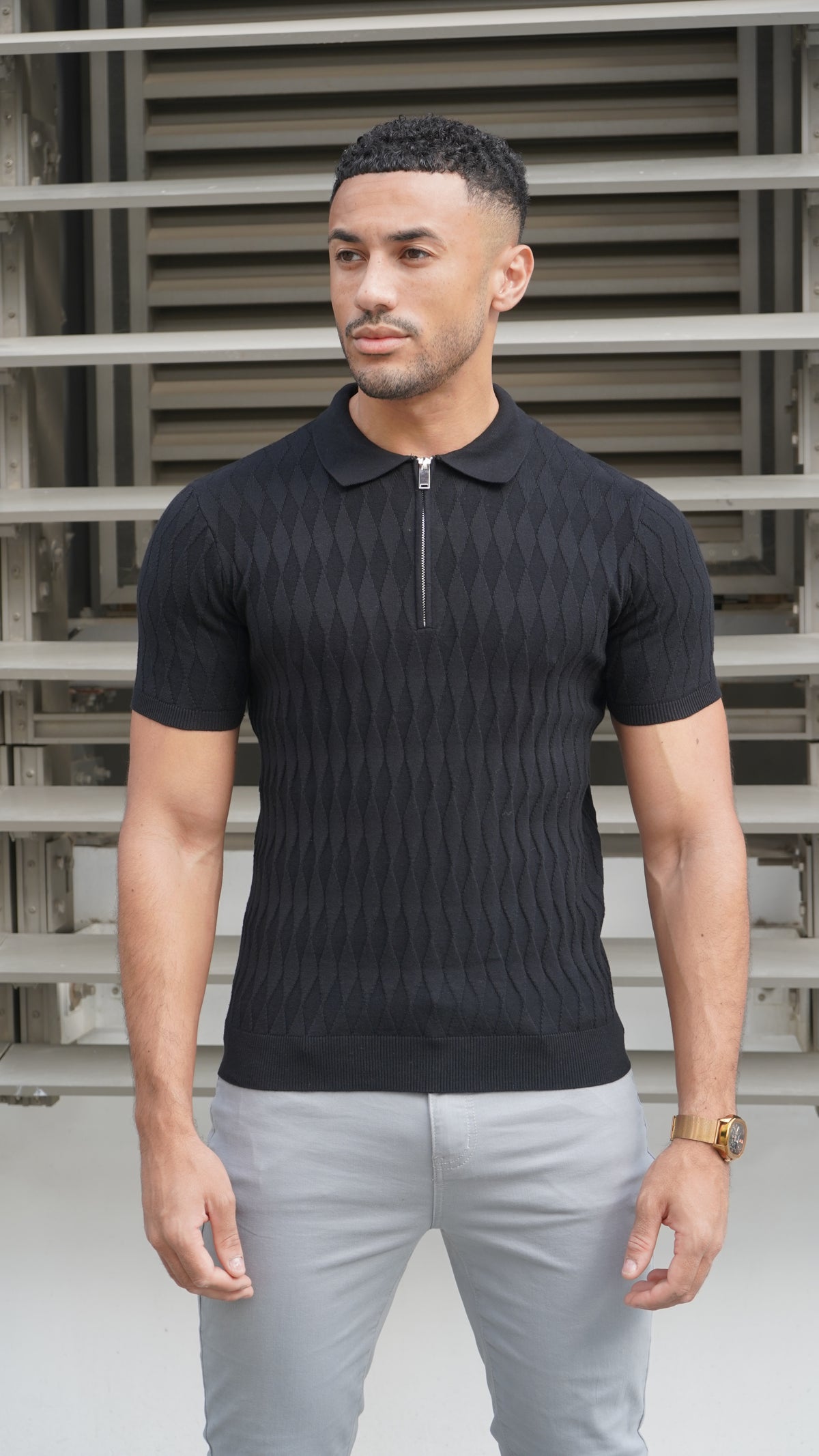 Capo Egyptian Cotton DIAMOND SS Zip Polo Shirt - Black