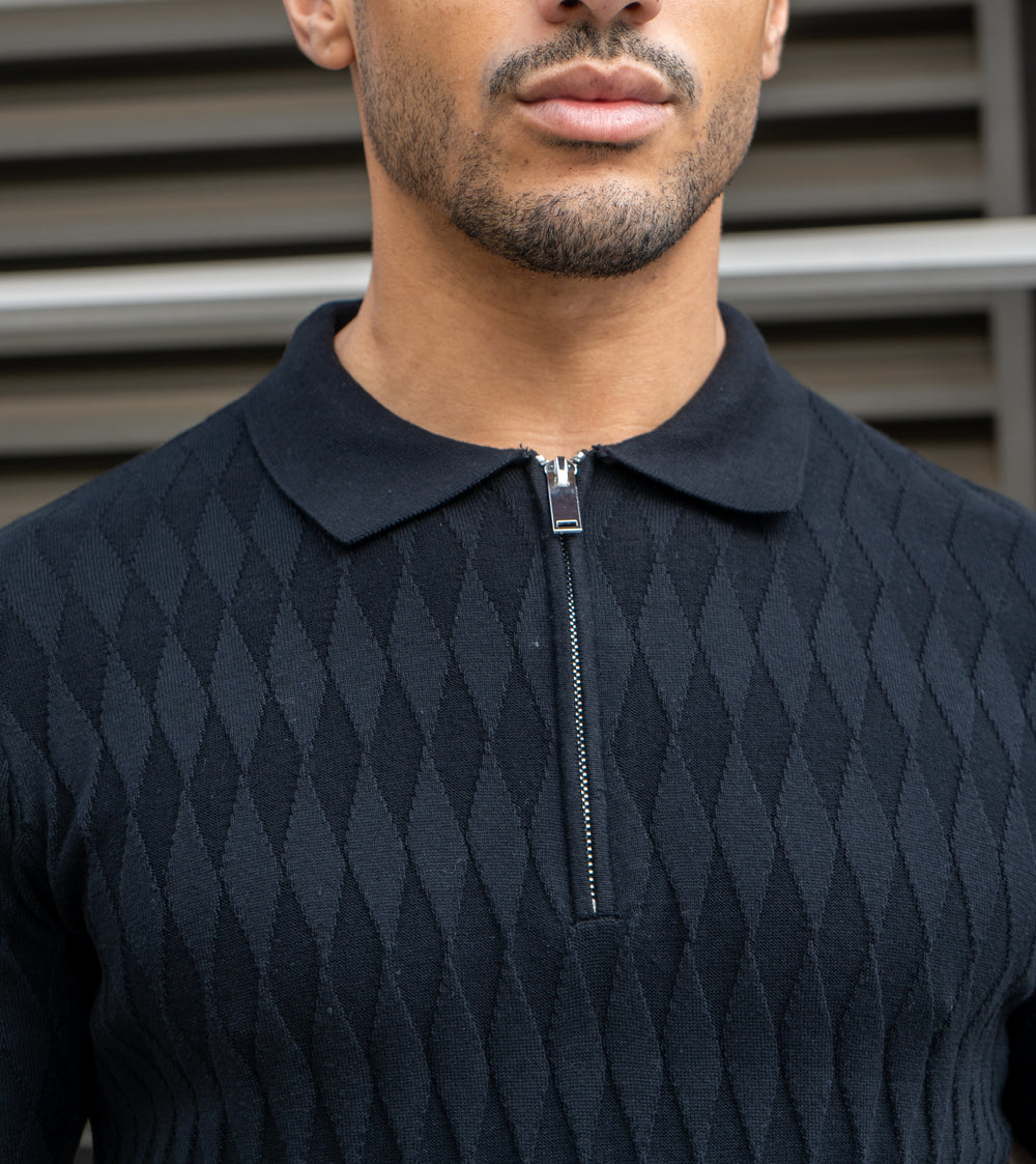 Capo Egyptian Cotton DIAMOND SS Zip Polo Shirt - Black