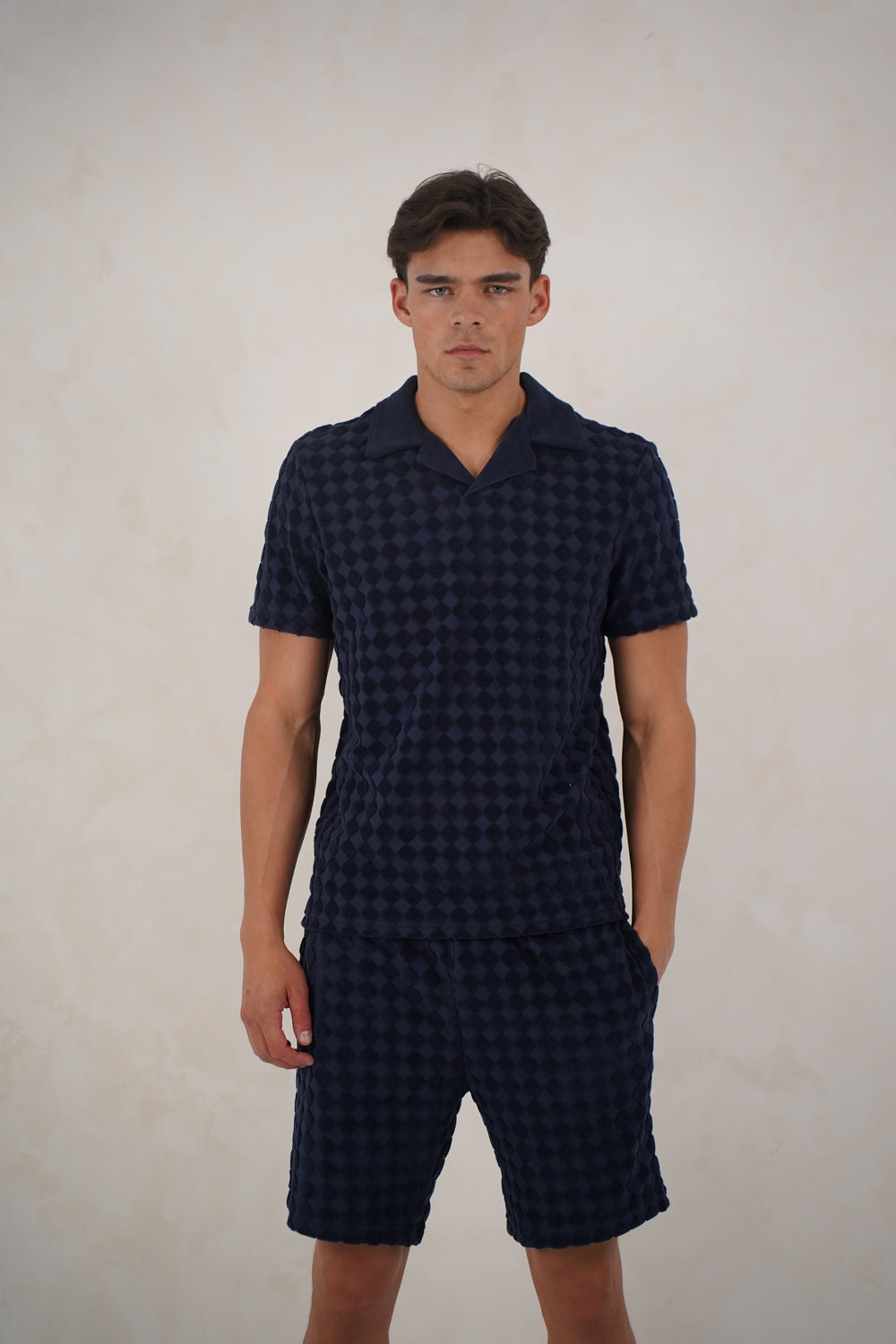 Capo Towelling Diamond Revere Polo Shirt - Navy