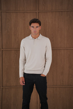 Capo James Button Up LS Polo Shirt - Stone