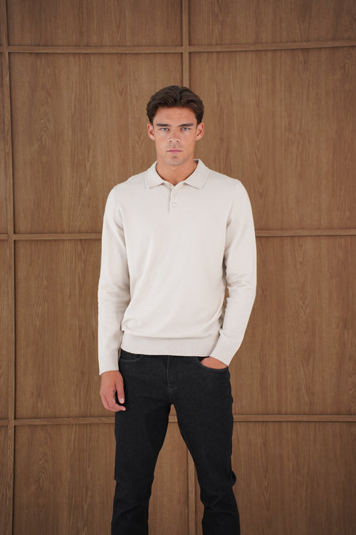 Capo James Button Up LS Polo Shirt - Stone