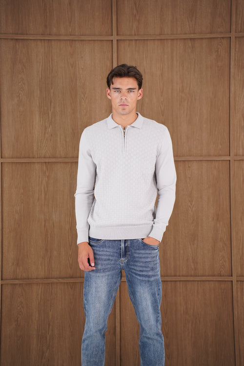 Capo Finn Woven Panel Knit LS Polo Shirt - Grey