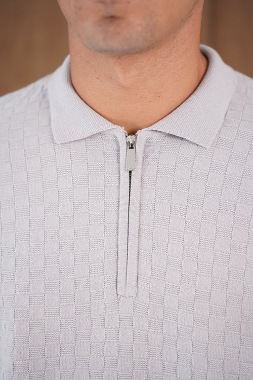 Capo Finn Woven Panel Knit LS Polo Shirt - Grey