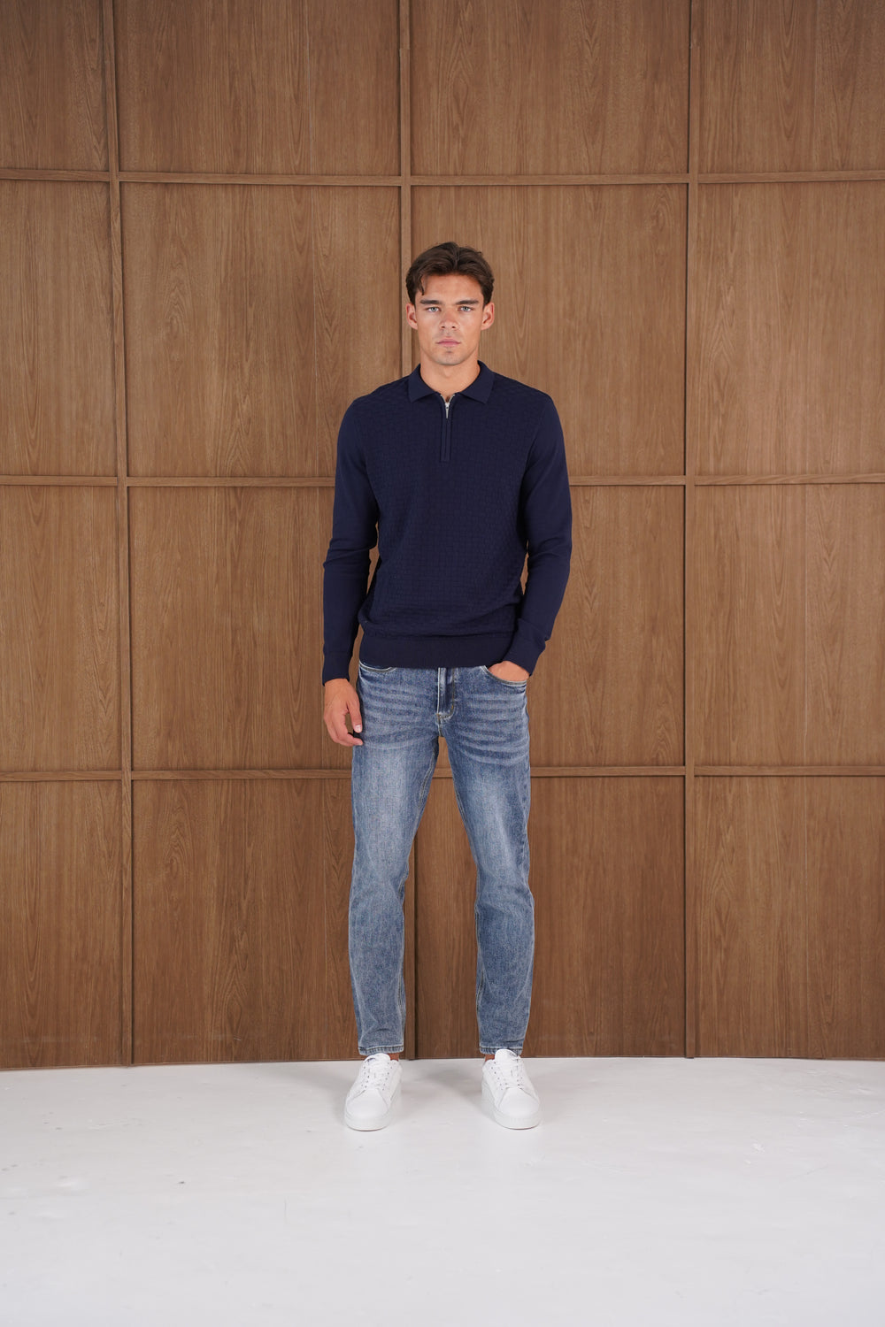 Capo Finn Woven Panel Knit LS Polo Shirt - Navy
