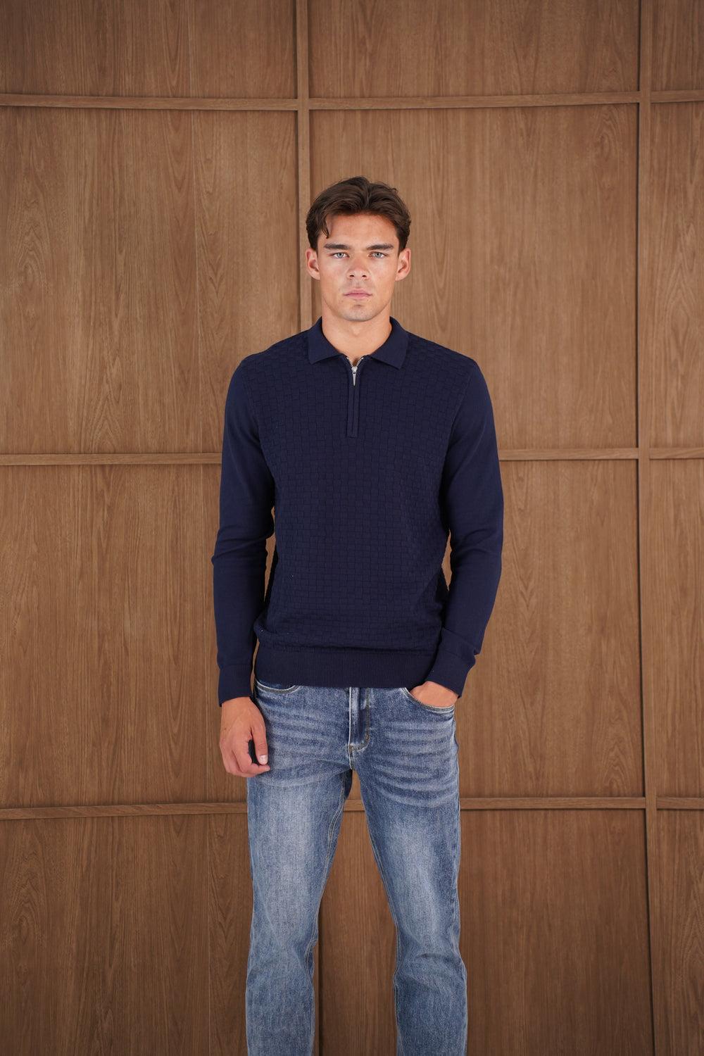 Capo Finn Woven Panel Knit LS Polo Shirt - Navy