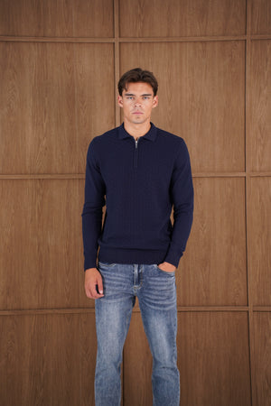 Capo Finn Woven Panel Knit LS Polo Shirt - Navy