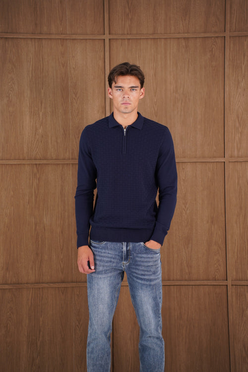 Capo Finn Woven Panel Knit LS Polo Shirt - Navy