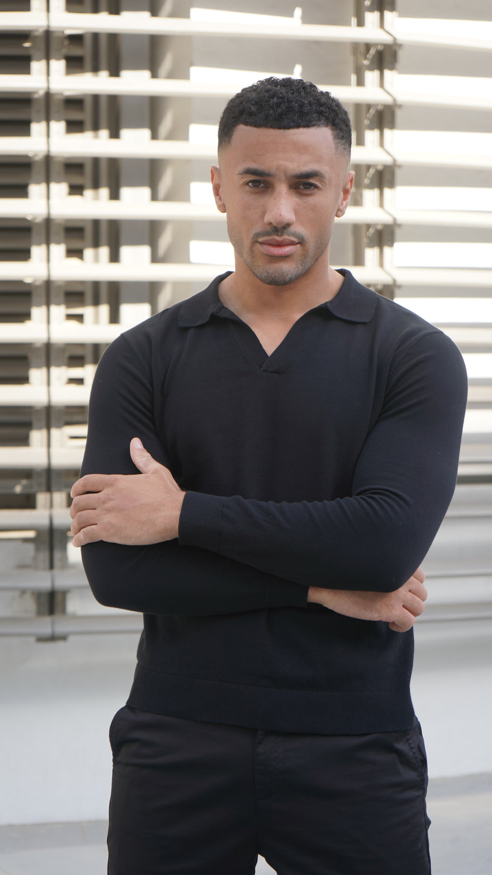 Capo Egyptian Cotton Cuban Collar LS Polo Shirt - Black