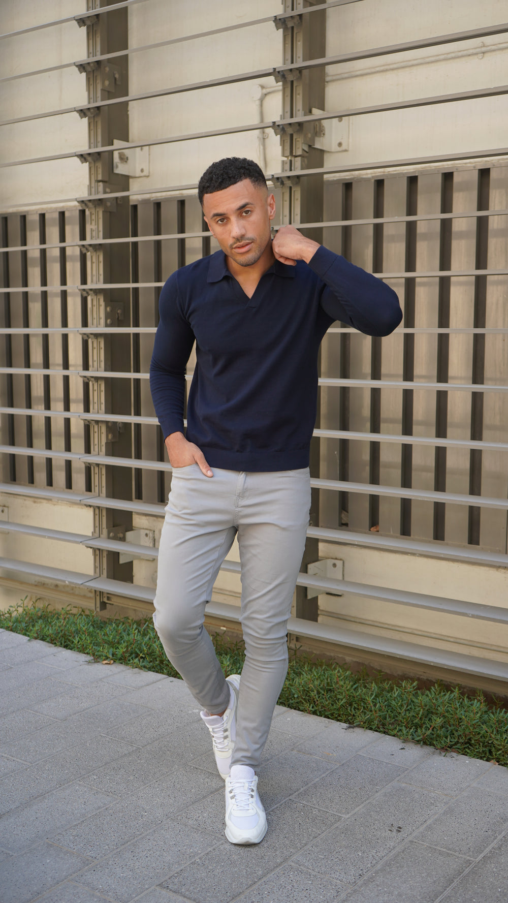 Capo Egyptian Cotton Cuban Collar LS Polo Shirt - Navy
